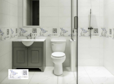 Gạch ốp nhà tắm màu trắng phối tranh, hoa
